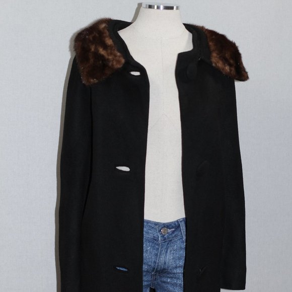 Fur Collar Black Wool Trench Coat - Picture 4 of 15